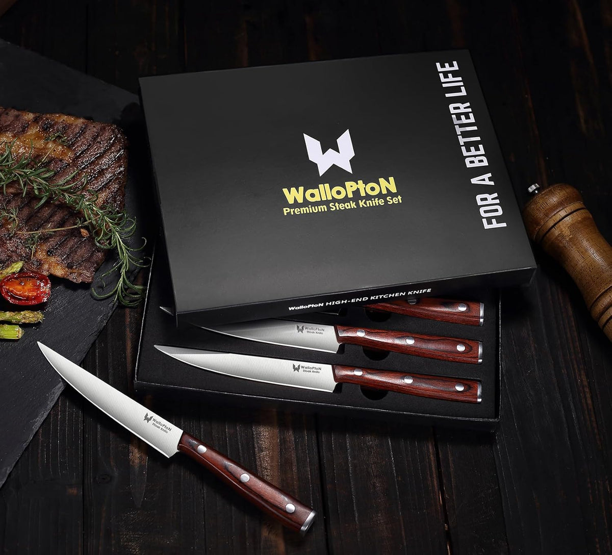 Steak Knives Set of 6 - Ultra Sharp Easy to Hold - Full Tang Wood Handle High Carbon Stainless Steel, Straight Edge Non Serrated - 5'' Kitchen Dinner Knife Cutlery Set in Gift Box