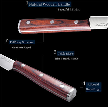 Steak Knives Set of 6 - Ultra Sharp Easy to Hold - Full Tang Wood Handle High Carbon Stainless Steel, Straight Edge Non Serrated - 5'' Kitchen Dinner Knife Cutlery Set in Gift Box
