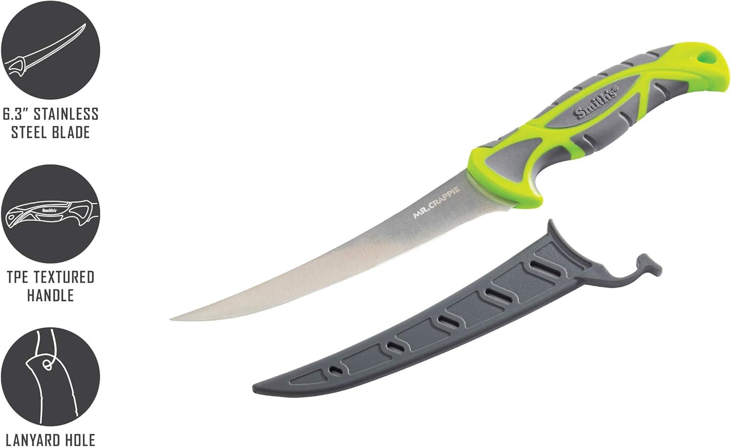 Smith's 51208 Mr. Crappie 6-Inch Curved Slab-Sticker Fillet Knife – Green – Stainless Steel Blade – TPE Soft Grip Handle – Durable Plastic Sheath – Lanyard Hole