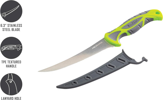 Smith's 51208 Mr. Crappie 6-Inch Curved Slab-Sticker Fillet Knife – Green – Stainless Steel Blade – TPE Soft Grip Handle – Durable Plastic Sheath – Lanyard Hole