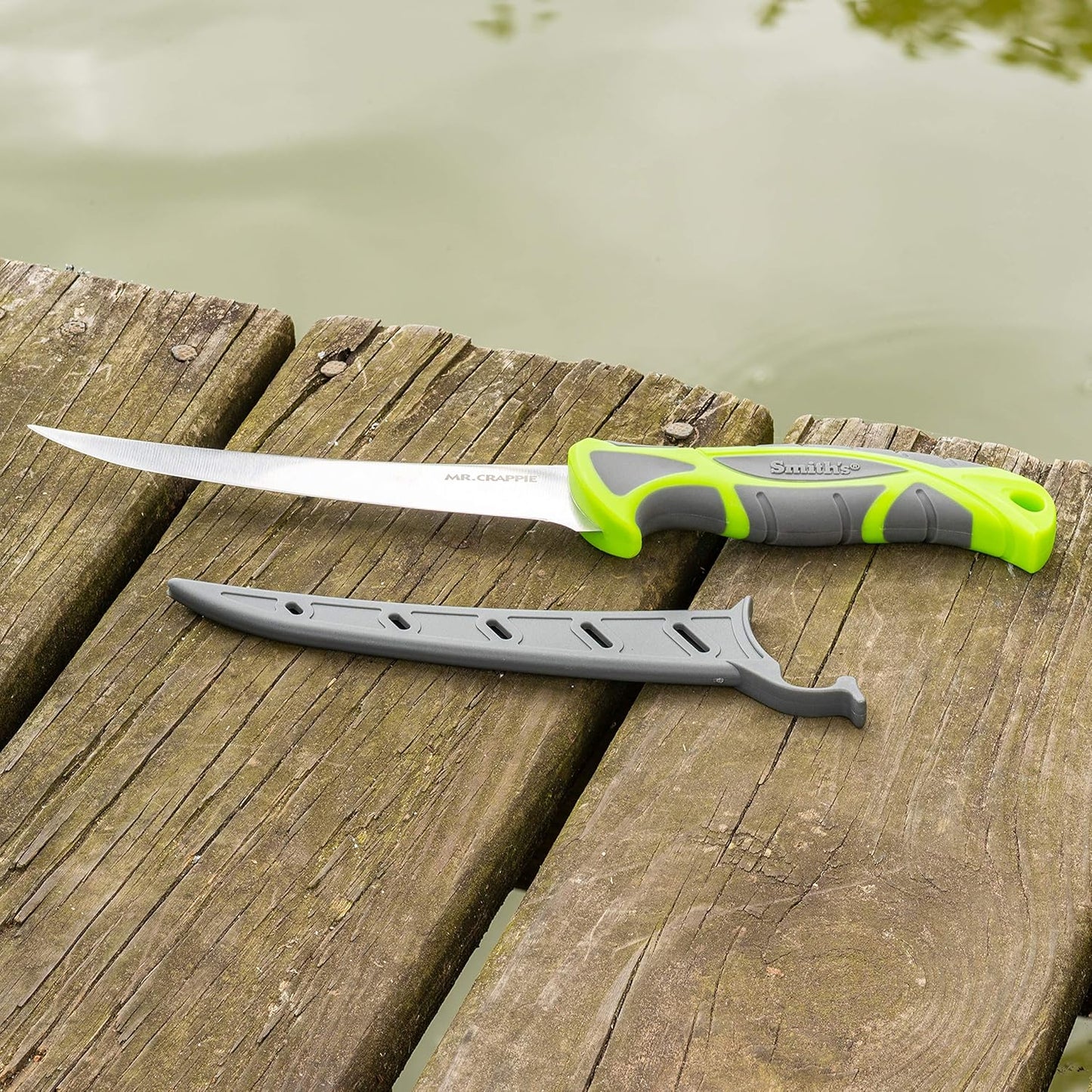 Smith's 51208 Mr. Crappie 6-Inch Curved Slab-Sticker Fillet Knife – Green – Stainless Steel Blade – TPE Soft Grip Handle – Durable Plastic Sheath – Lanyard Hole