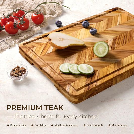 Teak Wood Cutting Board for Kitchen Large End Grain Heavy Duty Checkered Wooden Cutting Board Non Toxic Herringbone Charcuterie Butcher Block Non Slip Hardwood Chopping with Juice Groove Handle