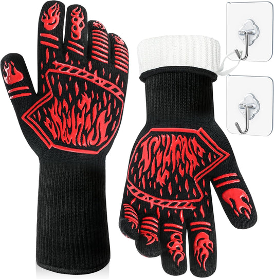 BBQ Gloves 1472F Heat Resistant Anti Slip Long with 2 Hooks | One Size, Hand & Wrist Protection for Kitchen, Fireplace, Griddle, Smoker