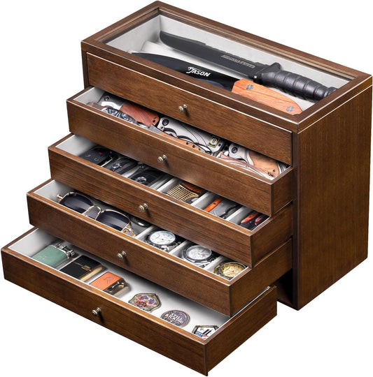 5-Tier Large Knife Display Case & Organizer, Wooden Pocket Knife Storage Box with Transparent Lid, Collector-Grade Holder for Folding Knives and Daggers, Ideal Men‘s Gift