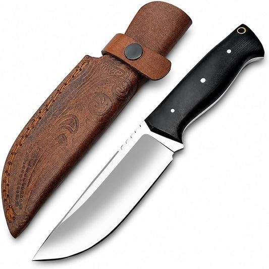 Warivo Damascus Steel Hunting Knife 10 Inch Fixed Blade with Leather Sheath Wood Handle, Skinning Knife for Camping Survival Bushcraft Outdoor Gear for Men