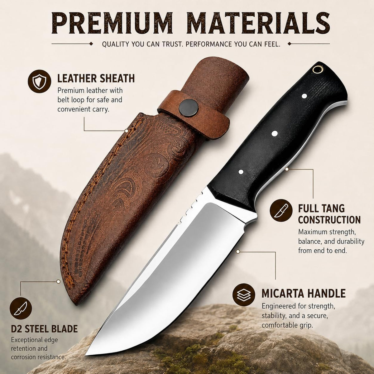 Warivo Damascus Steel Hunting Knife 10 Inch Fixed Blade with Leather Sheath Wood Handle, Skinning Knife for Camping Survival Bushcraft Outdoor Gear for Men