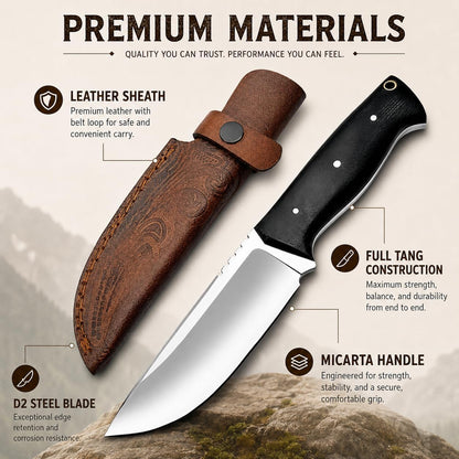Warivo Damascus Steel Hunting Knife 10 Inch Fixed Blade with Leather Sheath Wood Handle, Skinning Knife for Camping Survival Bushcraft Outdoor Gear for Men