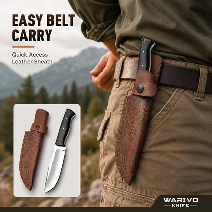Warivo Damascus Steel Hunting Knife 10 Inch Fixed Blade with Leather Sheath Wood Handle, Skinning Knife for Camping Survival Bushcraft Outdoor Gear for Men