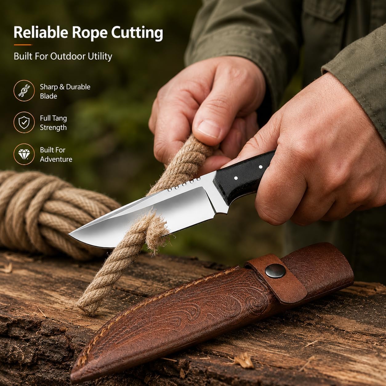 Warivo Damascus Steel Hunting Knife 10 Inch Fixed Blade with Leather Sheath Wood Handle, Skinning Knife for Camping Survival Bushcraft Outdoor Gear for Men