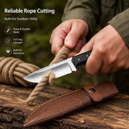 Warivo Damascus Steel Hunting Knife 10 Inch Fixed Blade with Leather Sheath Wood Handle, Skinning Knife for Camping Survival Bushcraft Outdoor Gear for Men