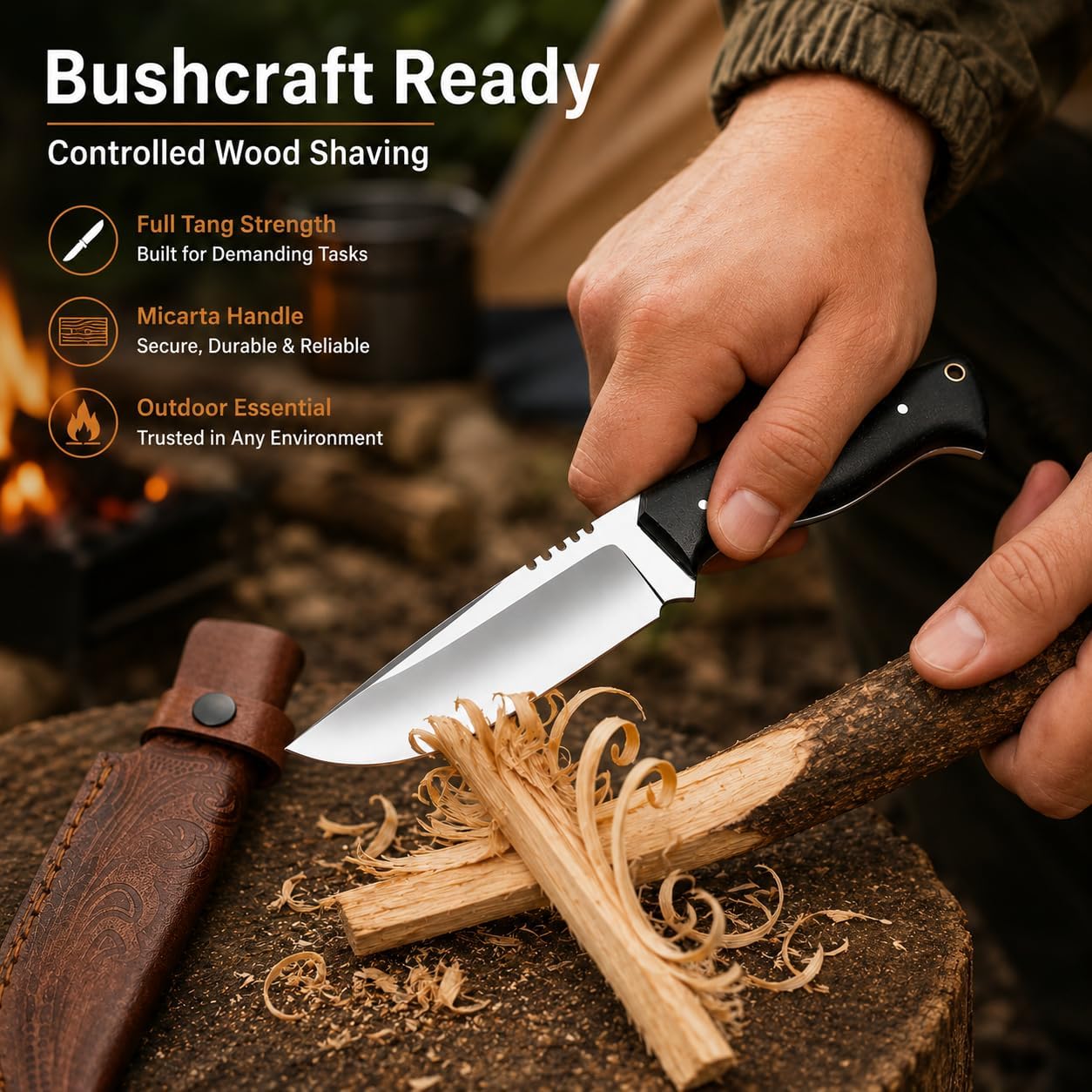 Warivo Damascus Steel Hunting Knife 10 Inch Fixed Blade with Leather Sheath Wood Handle, Skinning Knife for Camping Survival Bushcraft Outdoor Gear for Men
