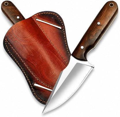 Warivo Damascus Steel Hunting Knife 10 Inch Fixed Blade with Leather Sheath Wood Handle, Skinning Knife for Camping Survival Bushcraft Outdoor Gear for Men