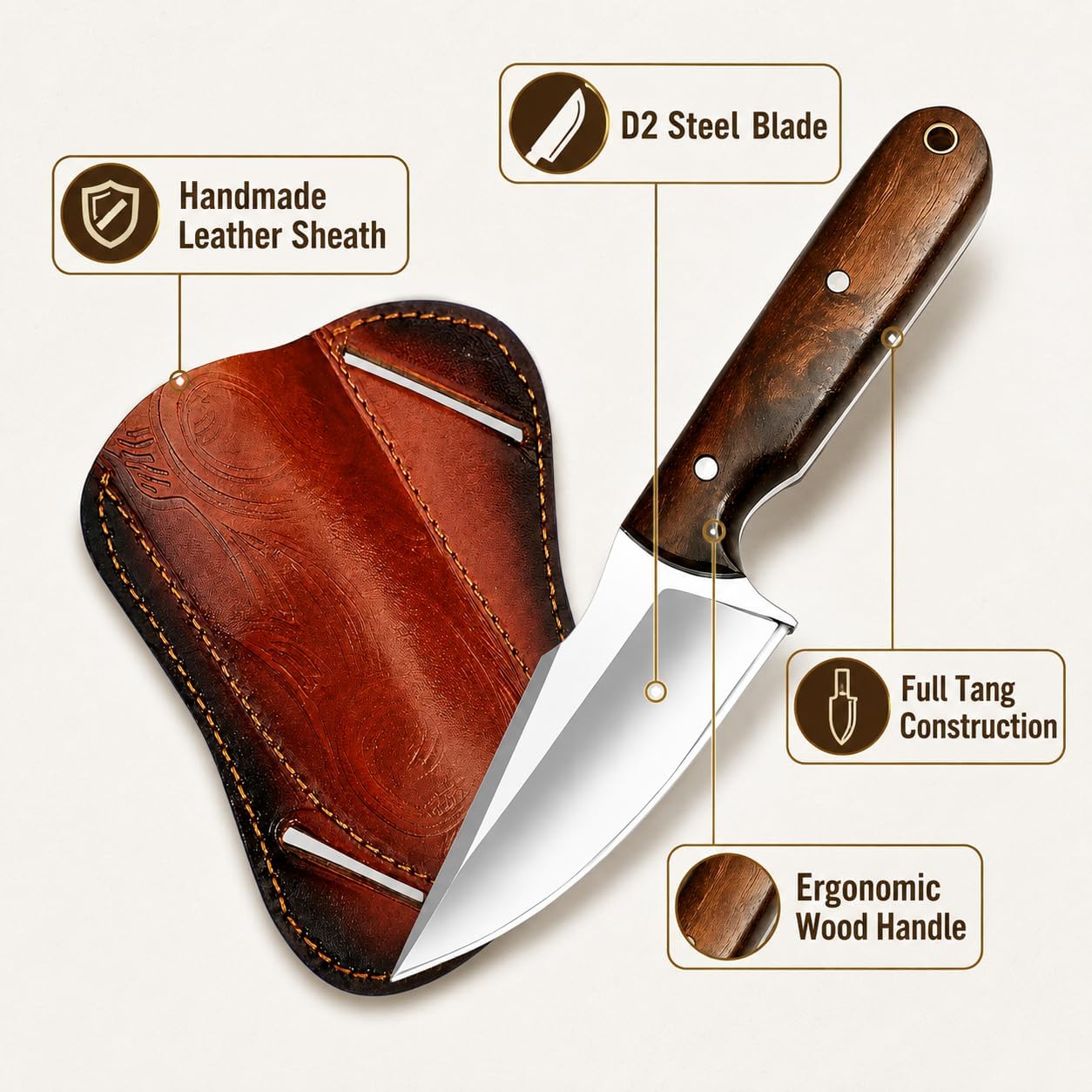 Warivo Damascus Steel Hunting Knife 10 Inch Fixed Blade with Leather Sheath Wood Handle, Skinning Knife for Camping Survival Bushcraft Outdoor Gear for Men