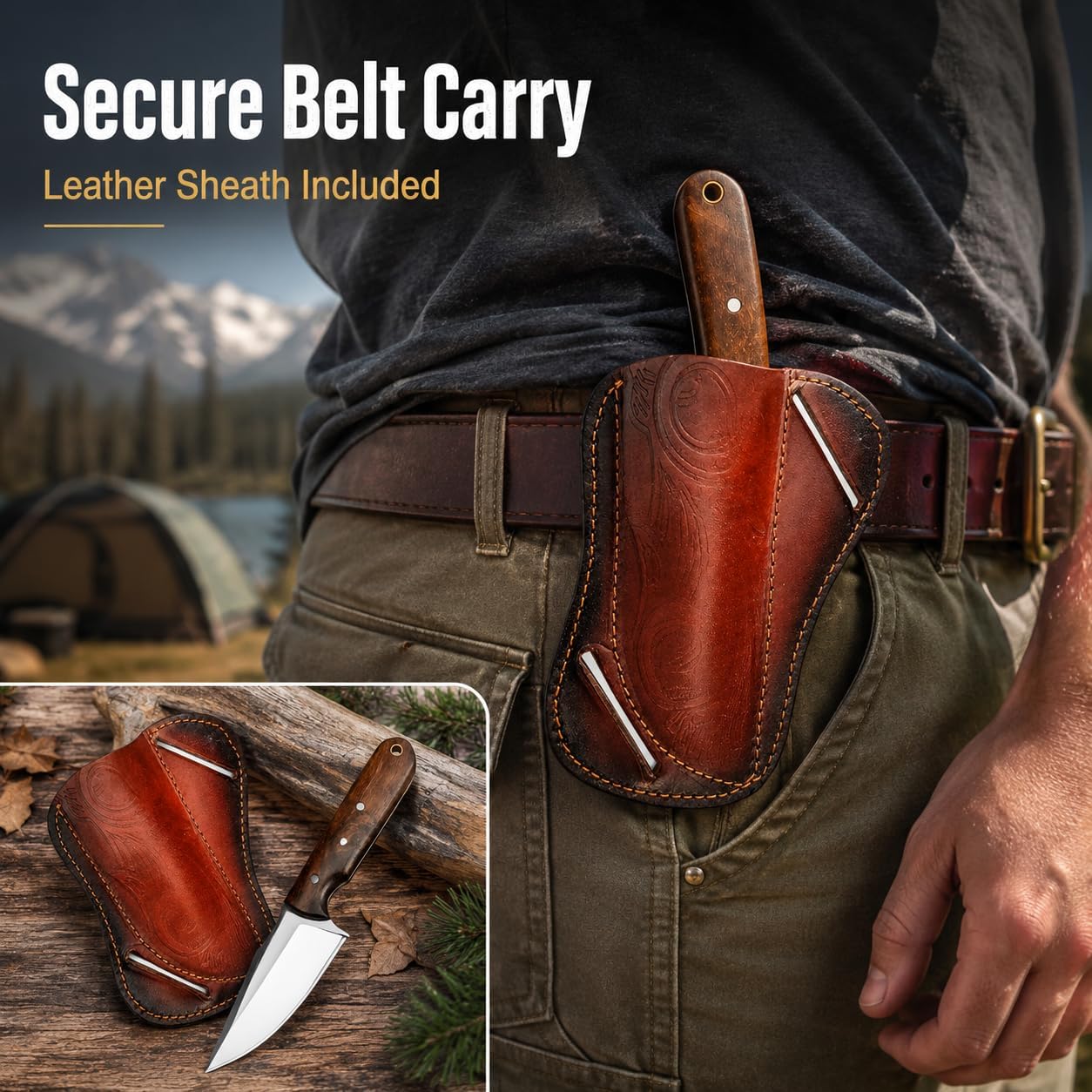 Warivo Damascus Steel Hunting Knife 10 Inch Fixed Blade with Leather Sheath Wood Handle, Skinning Knife for Camping Survival Bushcraft Outdoor Gear for Men