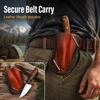 Warivo Damascus Steel Hunting Knife 10 Inch Fixed Blade with Leather Sheath Wood Handle, Skinning Knife for Camping Survival Bushcraft Outdoor Gear for Men