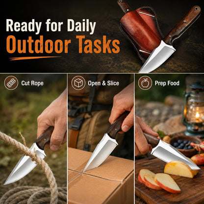 Warivo Damascus Steel Hunting Knife 10 Inch Fixed Blade with Leather Sheath Wood Handle, Skinning Knife for Camping Survival Bushcraft Outdoor Gear for Men