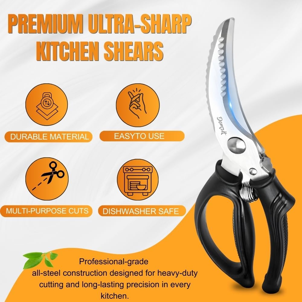 Poultry Shears, Kitchen Shears Heavy Duty for Food With Anti-Slip Handle & Safety Lock, Meat Scissors, Chicken, Lobster, Quail, Fish, Food Cutting Scissors, Bone Cutter - Spring Loaded
