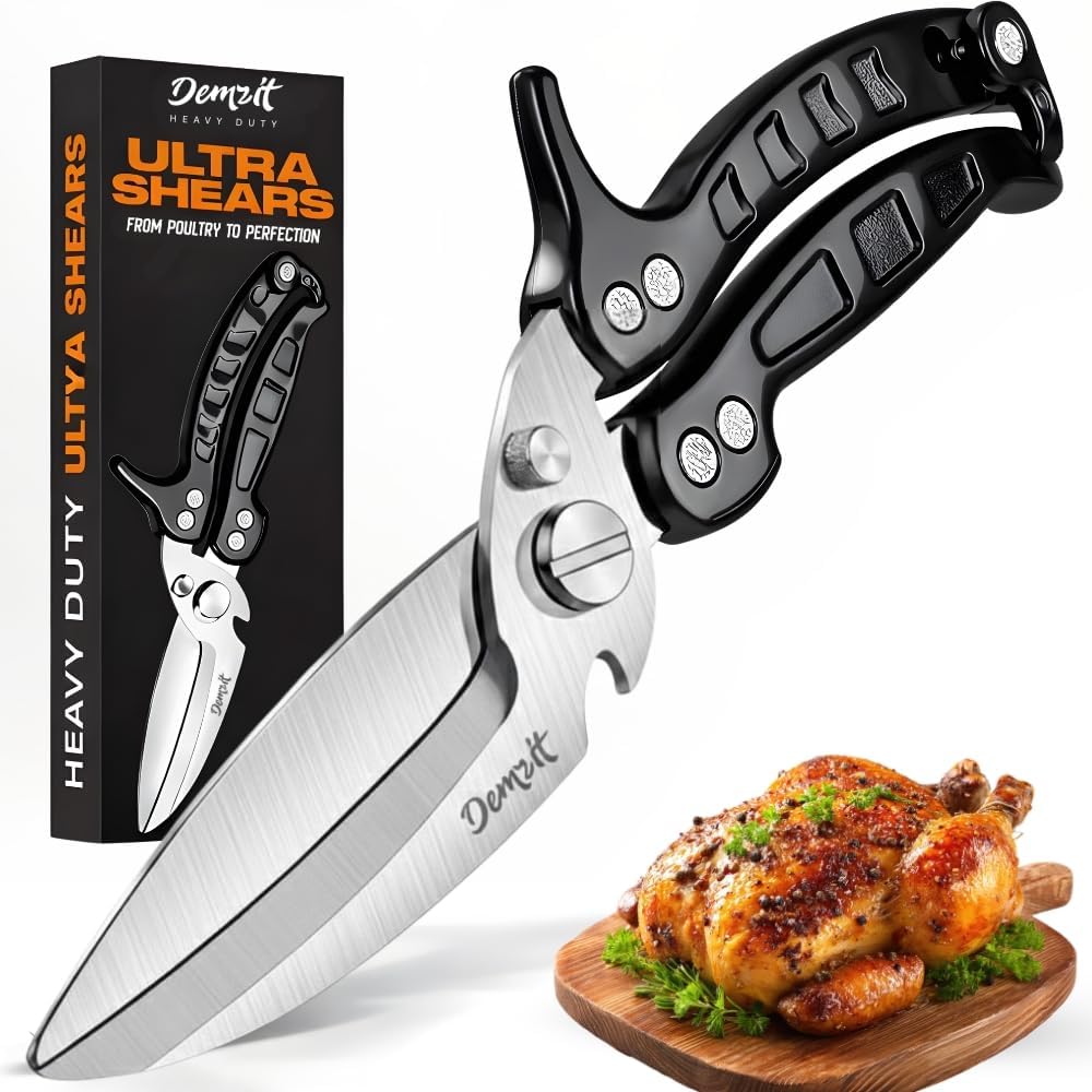 Poultry Shears, Kitchen Shears Heavy Duty for Food With Anti-Slip Handle & Safety Lock, Meat Scissors, Chicken, Lobster, Quail, Fish, Food Cutting Scissors, Bone Cutter - Spring Loaded