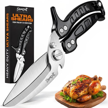 Poultry Shears, Kitchen Shears Heavy Duty for Food With Anti-Slip Handle & Safety Lock, Meat Scissors, Chicken, Lobster, Quail, Fish, Food Cutting Scissors, Bone Cutter - Spring Loaded