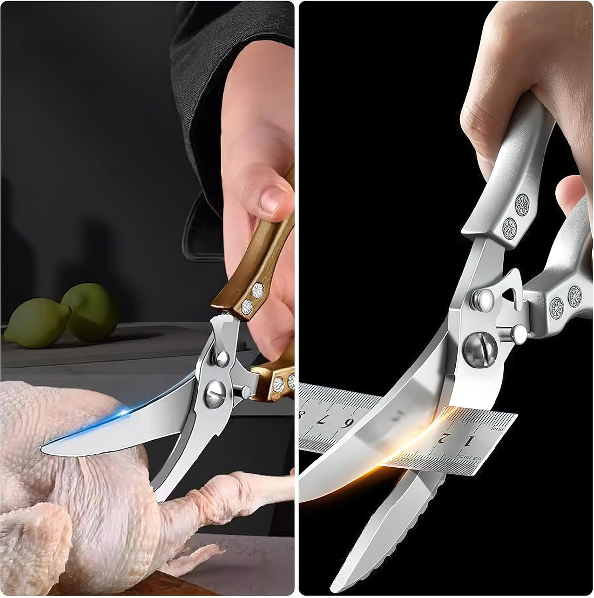 Poultry Shears Heavy Duty Professional, Multipurpose Kitchen Shears with Sheath, Spring-Loaded Stainless Steel Chef Scissors Cutting Bone, Chicken, Fish, Food, Meat, Full Steel Handle Silver