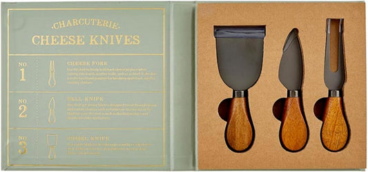 Cheese Knives - Gift Boxed Stainless Steel Wood Handled Bell & Chisel Knife & Fork Set, 3-Piece, Here for the Charcuterie