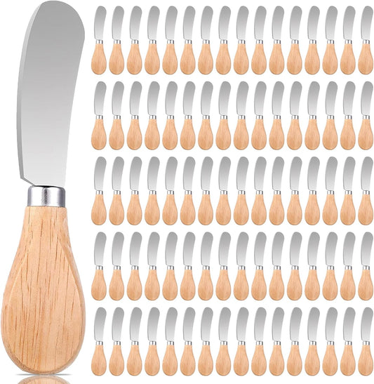 100 Pcs Cheese Spreader Knives with Wooden Handle Stainless Steel Butter Spreader Charcuterie Boards Accessories for Hotels Family Weddings