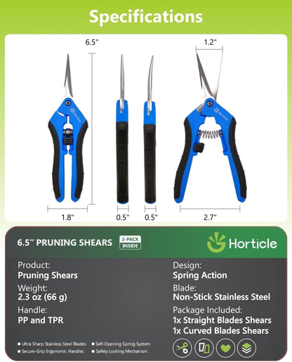 2-Pack 6.5" Garden Scissors Pruning Shears for Detailed Gardening | Ultra-Sharp Stainless Steel Precision Trimming Snips – Micro-Tip Straight & Curved Blades for Flowers & Delicate Plant Care