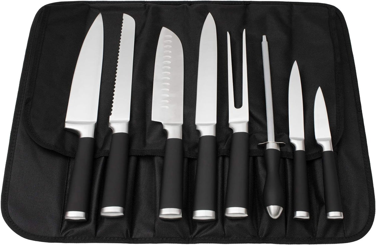9-Piece Kitchen Knife Set in Carry Case - Ultra Sharp Chef Knives with Ergonomic Handles - Professional Japanese Chef's Knife Set with Paring, Carving, Bread, Santoku, Utility Knives, Fork, Sharpener