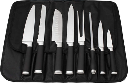 9-Piece Kitchen Knife Set in Carry Case - Ultra Sharp Chef Knives with Ergonomic Handles - Professional Japanese Chef's Knife Set with Paring, Carving, Bread, Santoku, Utility Knives, Fork, Sharpener