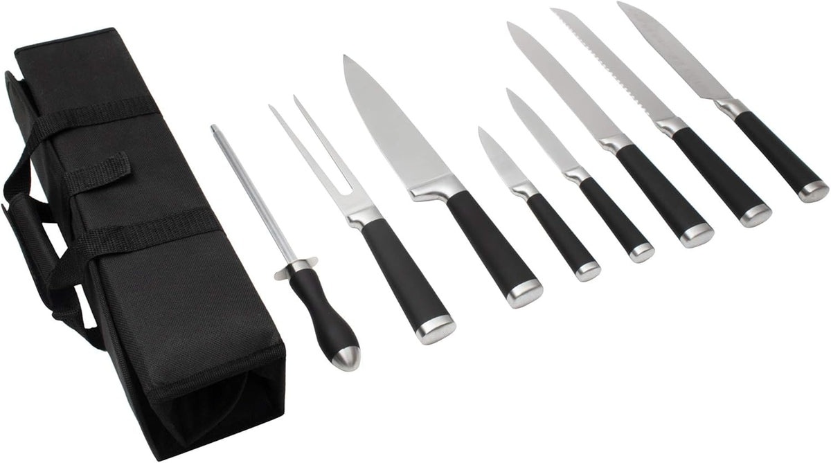9-Piece Kitchen Knife Set in Carry Case - Ultra Sharp Chef Knives with Ergonomic Handles - Professional Japanese Chef's Knife Set with Paring, Carving, Bread, Santoku, Utility Knives, Fork, Sharpener