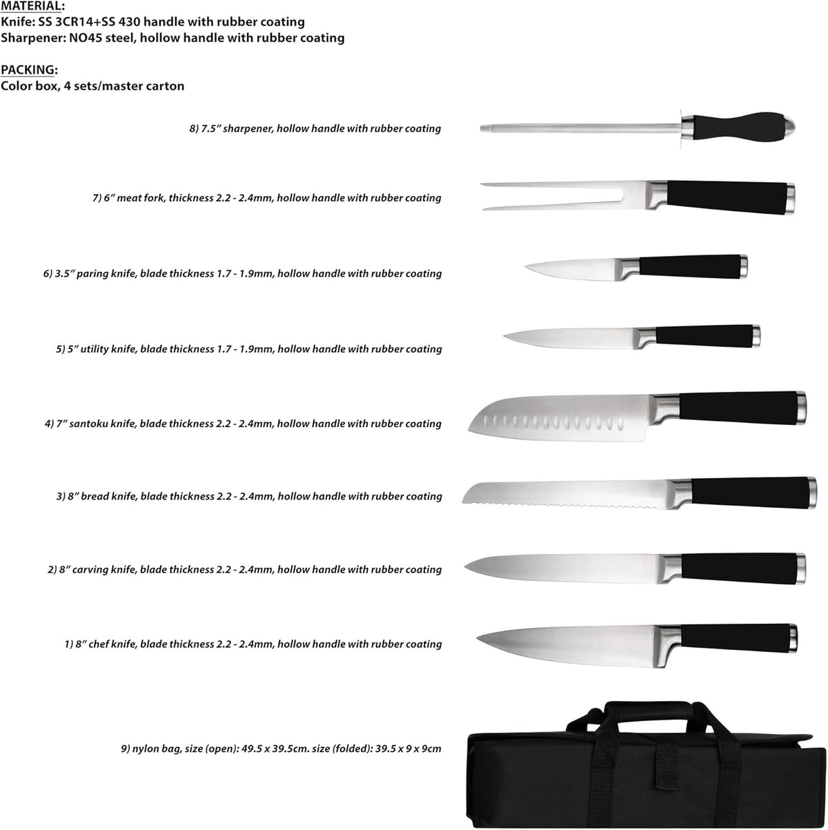 9-Piece Kitchen Knife Set in Carry Case - Ultra Sharp Chef Knives with Ergonomic Handles - Professional Japanese Chef's Knife Set with Paring, Carving, Bread, Santoku, Utility Knives, Fork, Sharpener
