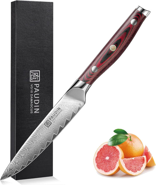 Utility Knife, 5 inch Paring knife, Damascus Chef Knife | Damascus VG10 Steel, Ergonomic Wood Handle, Ultra Sharp Multipurpose Chef Knife for Fruit, Vegetable & Meat, Gift Box