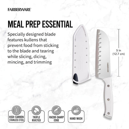 Edgekeeper Triple Riveted Santoku Knife with Self-Sharpening Blade Cover, High Carbon-Stainless Steel Kitchen Knife with Ergonomic Handle, Razor-Sharp Knife, 5 Inch, White