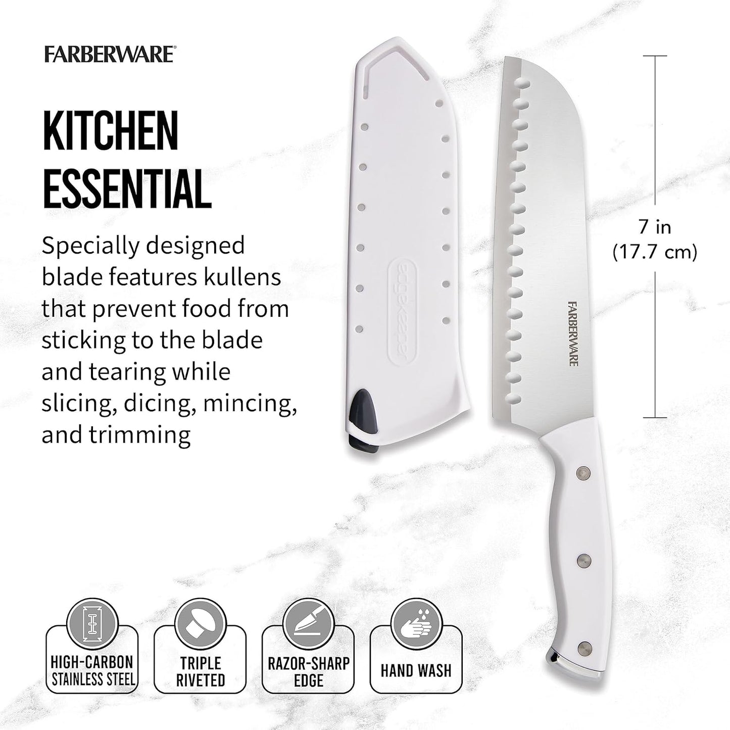 Edgekeeper Triple Riveted Santoku Knife with Self-Sharpening Blade Cover, High Carbon-Stainless Steel Kitchen Knife with Ergonomic Handle, Razor-Sharp Knife, 5 Inch, White