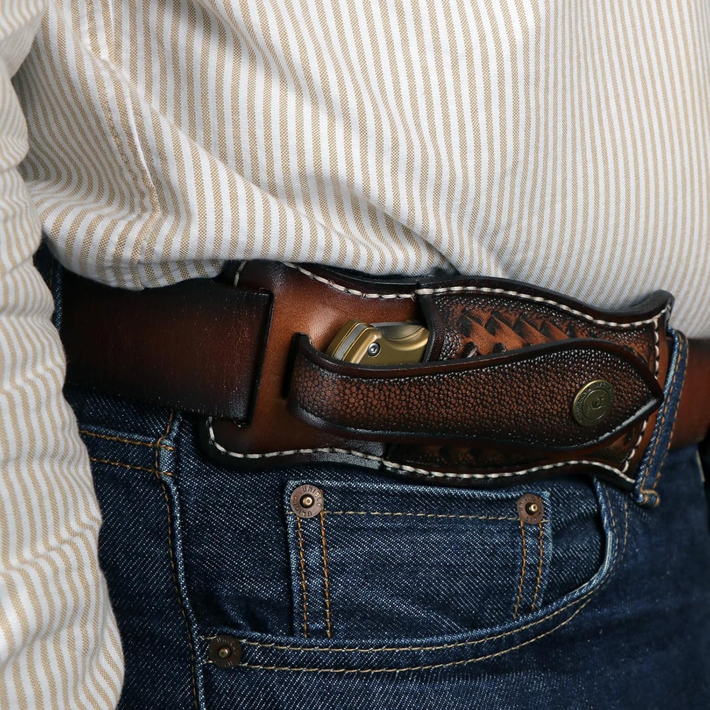 Tourbon Leather Pocket Knife Sheath with Snap Button for 1.5" Belt Folding Knives Holster Carrier EDC Tools Holder Jungle Camping
