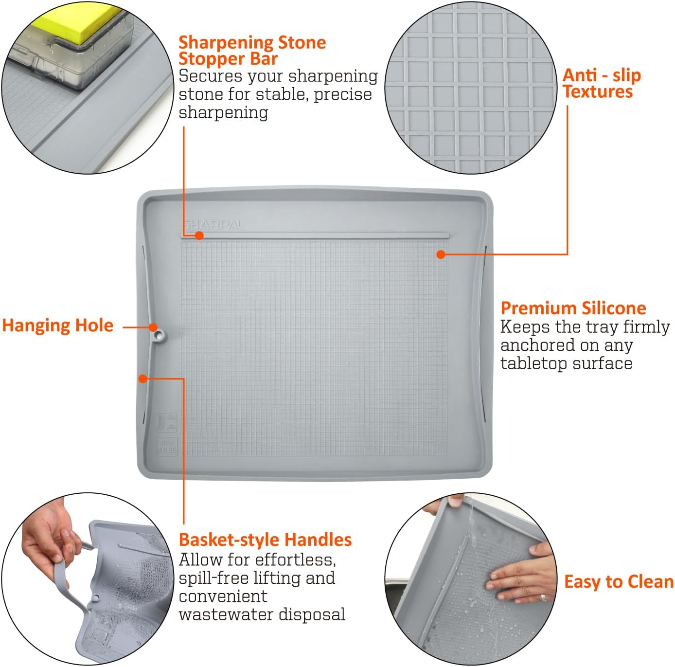 149H Sharpen-No-Mess Silicone Sharpening Stone & Whetstone Tray, Knife Sharpener Mat with Anti-Slip Textures, Stopper Bar & Basket-Style Handles, 0.21 gal (800 mL) Water Storage, Easy to Clean