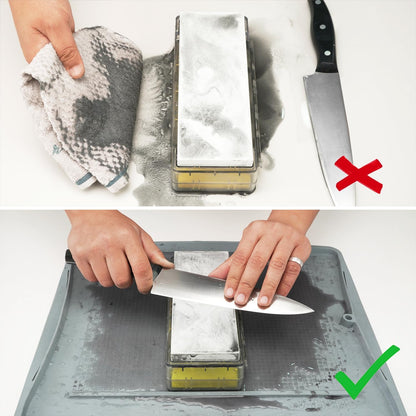 149H Sharpen-No-Mess Silicone Sharpening Stone & Whetstone Tray, Knife Sharpener Mat with Anti-Slip Textures, Stopper Bar & Basket-Style Handles, 0.21 gal (800 mL) Water Storage, Easy to Clean