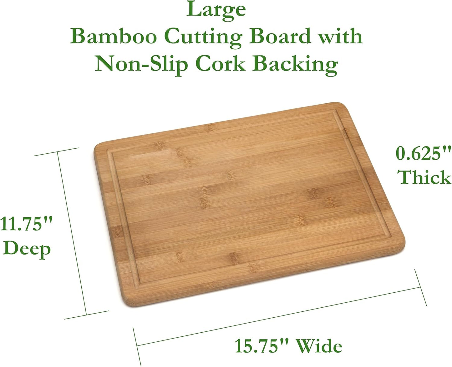Bamboo Wood Kitchen Cutting and Serving Board with Non-Slip Cork Backing, Medium, 13-3/4" x 9-3/4" x 5/8"