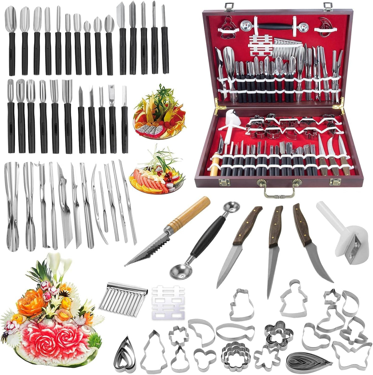 80Pcs Stainless Steel Fruit Carving Tools Set with Wooden Box | Professional Watermelon Carving Knife Kit with Ergonomic Handles, Durable Fruit Cutting Tools for Culinary Arts, Sculpting