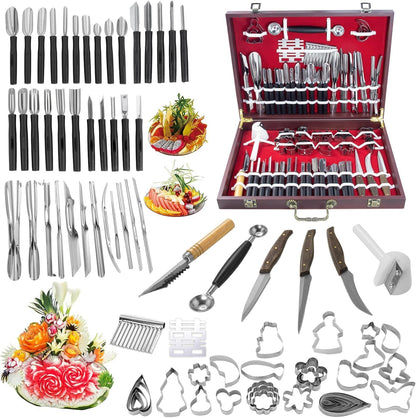 80Pcs Stainless Steel Fruit Carving Tools Set with Wooden Box | Professional Watermelon Carving Knife Kit with Ergonomic Handles, Durable Fruit Cutting Tools for Culinary Arts, Sculpting