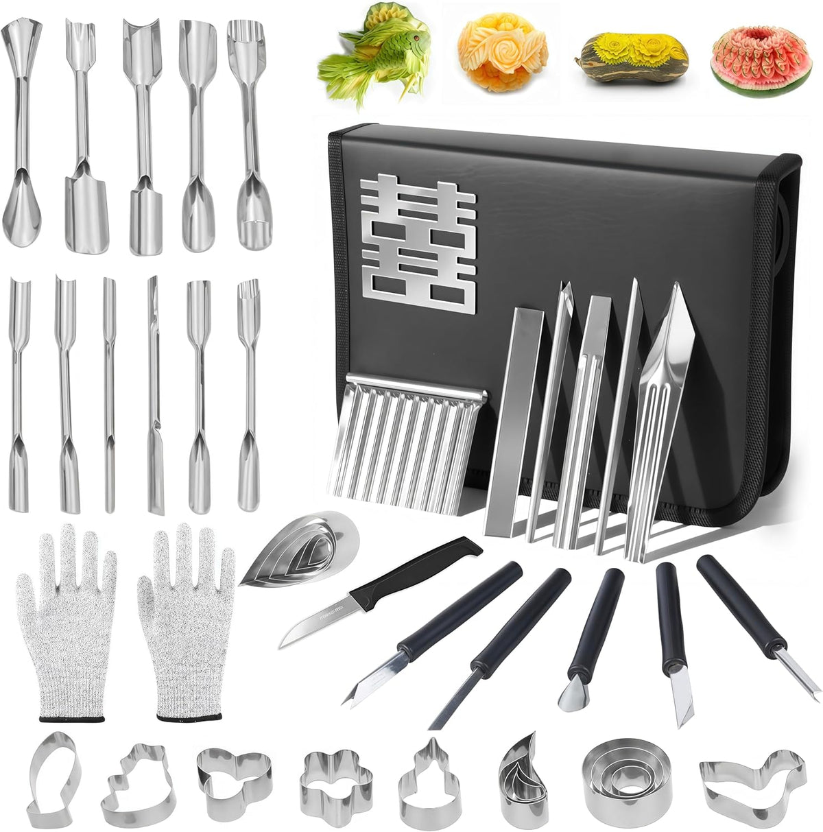 80Pcs Stainless Steel Fruit Carving Tools Set with Wooden Box | Professional Watermelon Carving Knife Kit with Ergonomic Handles, Durable Fruit Cutting Tools for Culinary Arts, Sculpting