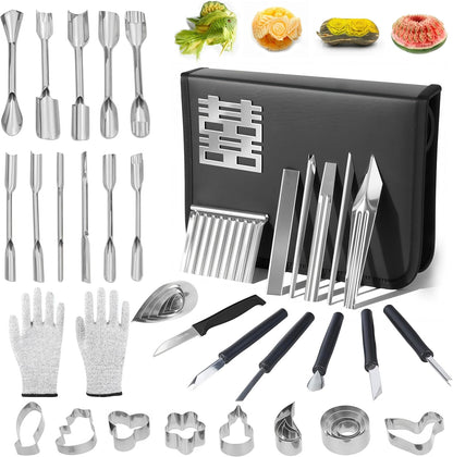 80Pcs Stainless Steel Fruit Carving Tools Set with Wooden Box | Professional Watermelon Carving Knife Kit with Ergonomic Handles, Durable Fruit Cutting Tools for Culinary Arts, Sculpting