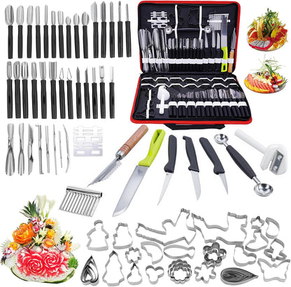 80Pcs Stainless Steel Fruit Carving Tools Set with Wooden Box | Professional Watermelon Carving Knife Kit with Ergonomic Handles, Durable Fruit Cutting Tools for Culinary Arts, Sculpting