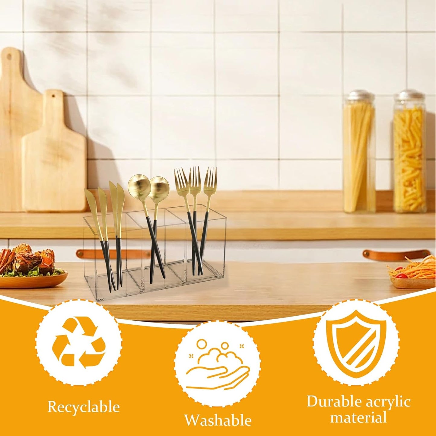 Acrylic Cutlery Organizer, 3-Sectio Clear Plastic Utensil Storage Caddy for Kitchen Countertop, Holds Forks, Knives & Spoons (1 Pcs, 7.1 x 2.6 x 3.5 in)