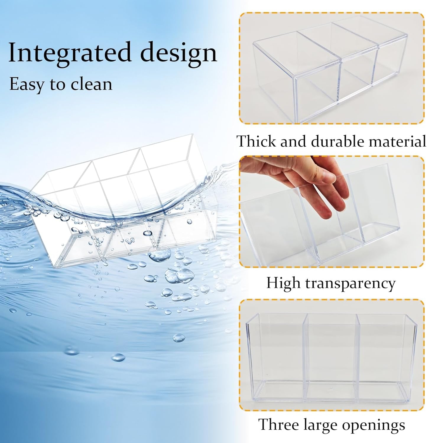 Acrylic Cutlery Organizer, 3-Sectio Clear Plastic Utensil Storage Caddy for Kitchen Countertop, Holds Forks, Knives & Spoons (1 Pcs, 7.1 x 2.6 x 3.5 in)