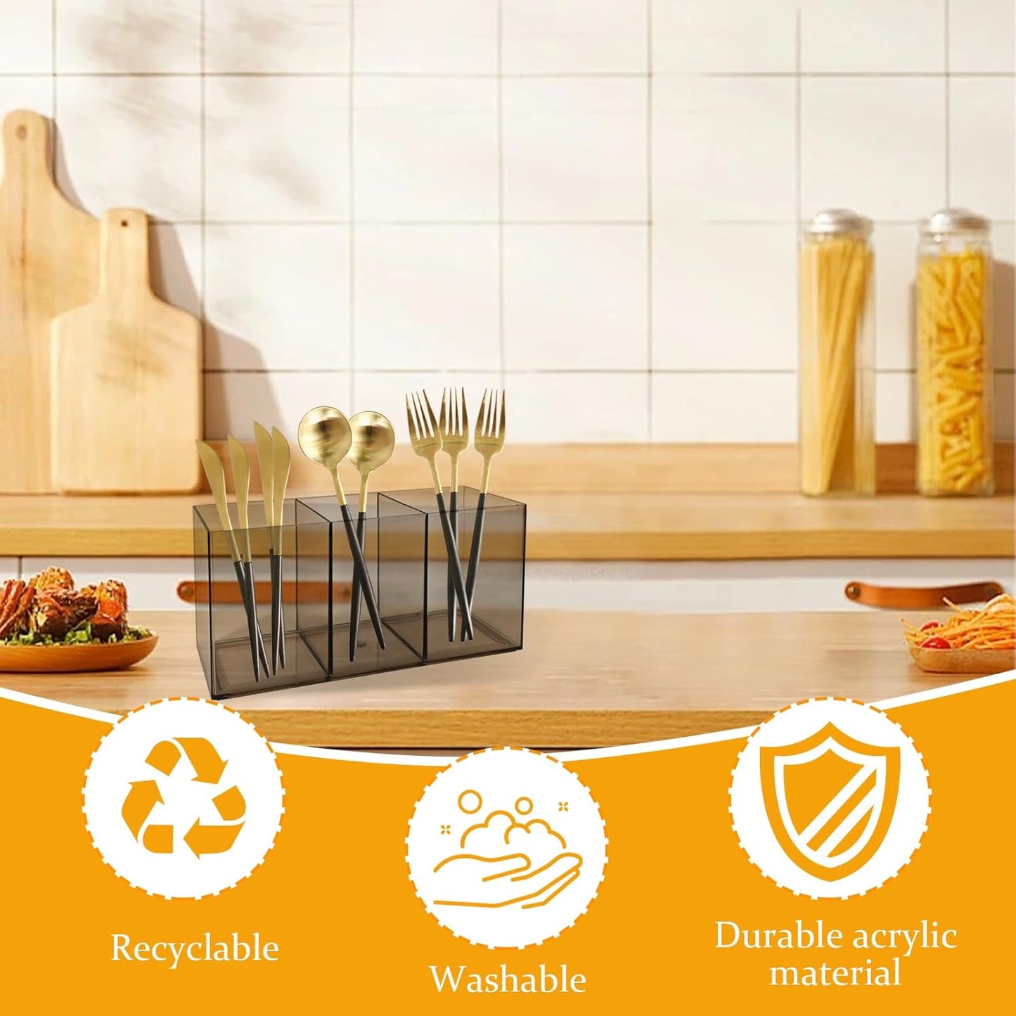 Acrylic Cutlery Organizer, 3-Sectio Clear Plastic Utensil Storage Caddy for Kitchen Countertop, Holds Forks, Knives & Spoons (1 Pcs, 7.1 x 2.6 x 3.5 in)