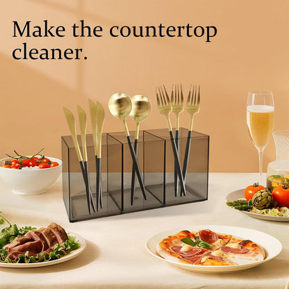 Acrylic Cutlery Organizer, 3-Sectio Clear Plastic Utensil Storage Caddy for Kitchen Countertop, Holds Forks, Knives & Spoons (1 Pcs, 7.1 x 2.6 x 3.5 in)