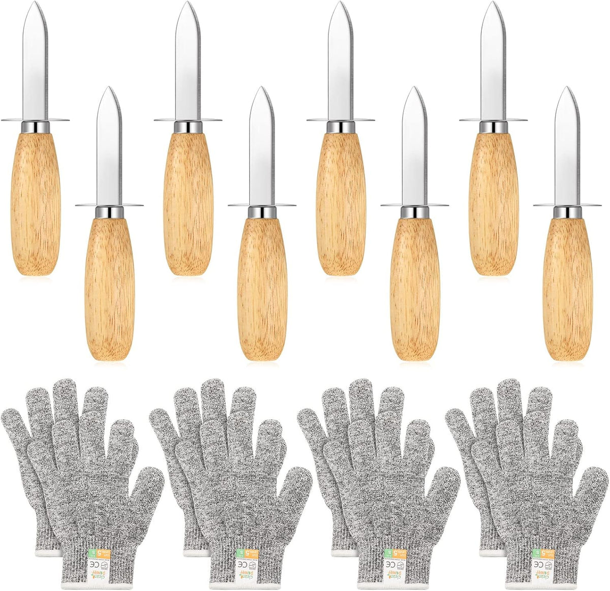 16 Pieces Oyster Shucking Knife Set 8 Stainless Steel Oyster Shuckers Bulk 8 Level 5 Protection Cut Resistant Gloves Seafood Opener Tool Kit for Clam Pearl Shell Shucking