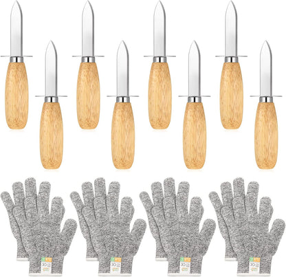 16 Pieces Oyster Shucking Knife Set 8 Stainless Steel Oyster Shuckers Bulk 8 Level 5 Protection Cut Resistant Gloves Seafood Opener Tool Kit for Clam Pearl Shell Shucking