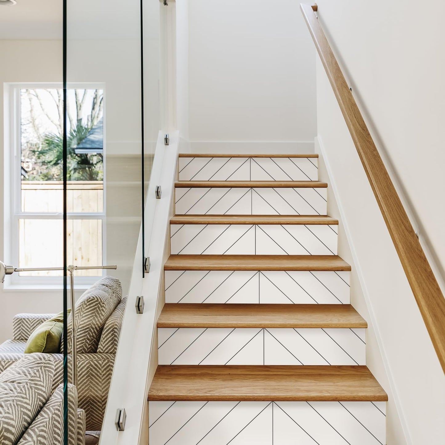 7PC Self-Adhesive Vinyl Stair Riser Stickers w/Squeegee and Utility Knife, Peel and Stick Staircase Decal Contact Paper for Home Decor, 47.24"x7.09" Scandinavian White Herringbone